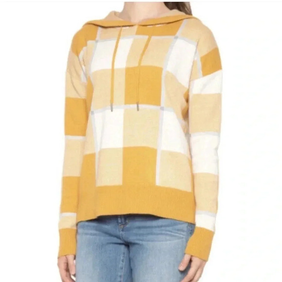 RACHEL ROY | Plaid Print Mustard/White Hooded Pullover Knit Sweatshirt Size L - Picture 5 of 7
